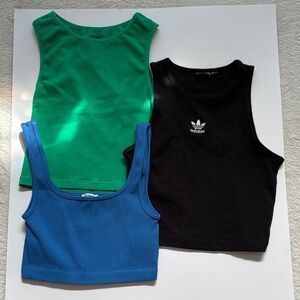 3 tops. Adidas, Freshwear, Cotton:On Trio of athletic stretch Crop Tops